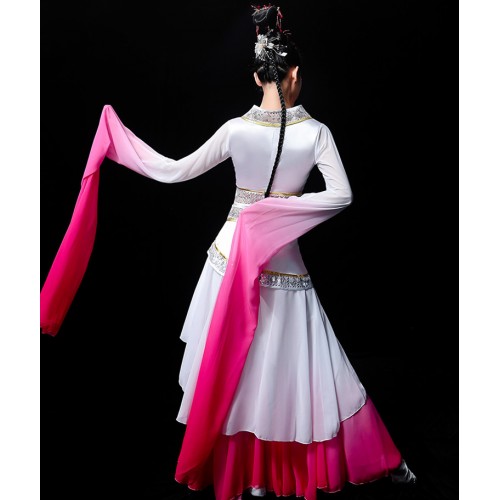 Pink Gradient colored waterfall sleeves chinese folk dance costumes for women girls fairy hanfu jinghong dance dresses ancient traditional fan umbrella dance dress for female